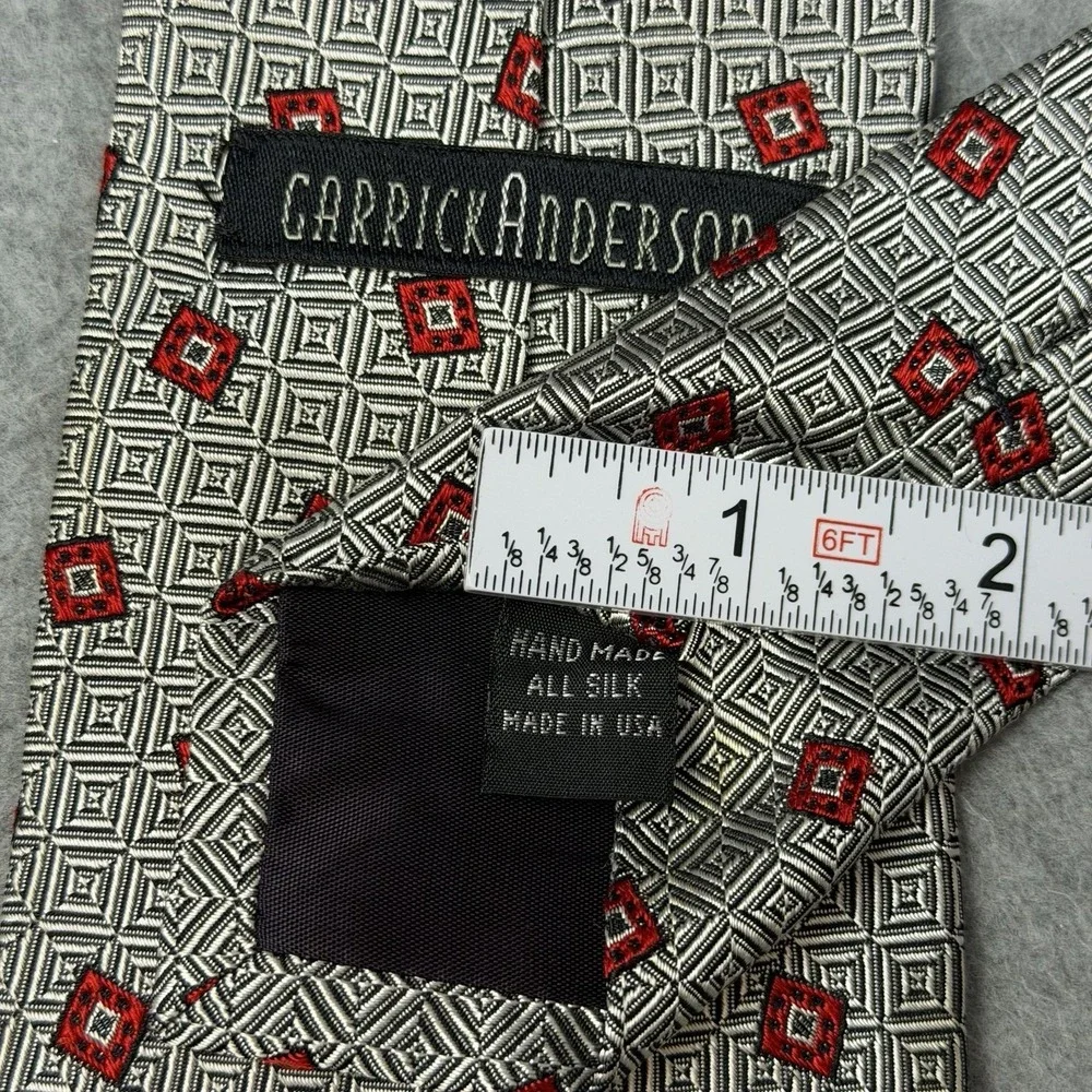 Vintage Garrick Anderson Silk Tie Gray Red Geometric USA Handmade 90s 58x3.75